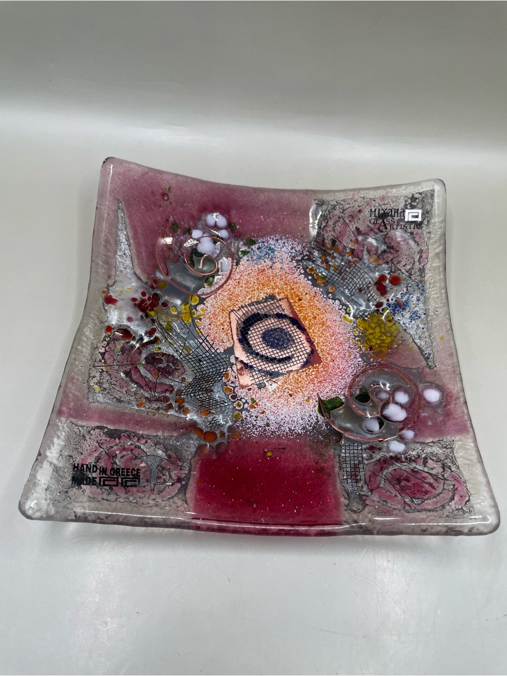 Mixaha Glass Fused Art Glass Square Trinket 6” Dish Made in Greece W/Label